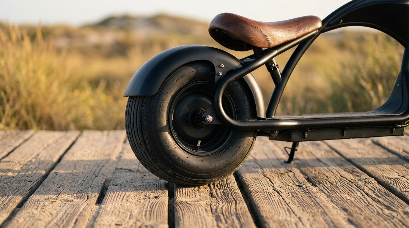 Fat-tire electric scooter detail on a sandy boardwalk